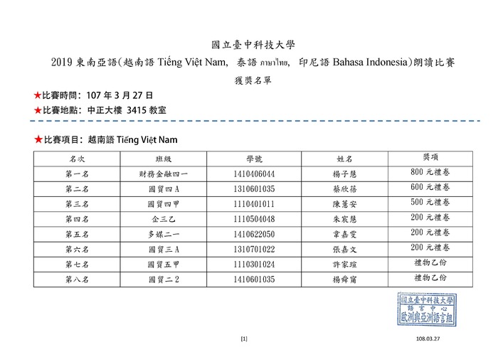 🎉 2019東南亞語朗讀比賽 獲獎名單圖片