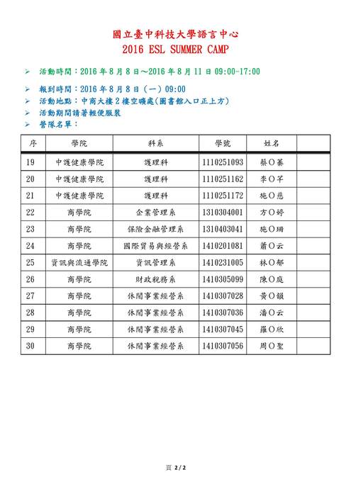 2016 ESL SUMMER CAMP 營隊名單圖片