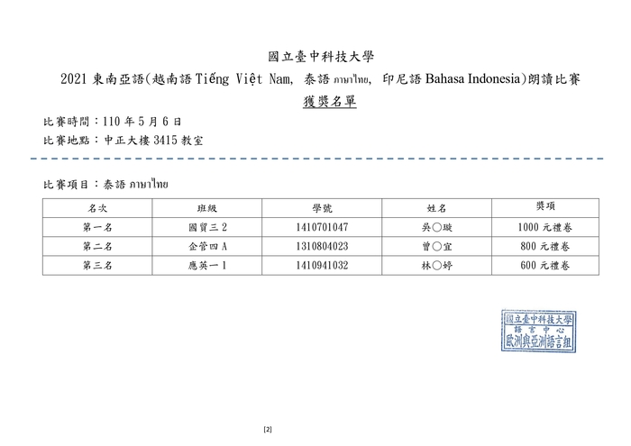 【競賽】🎉2021東南亞語朗讀比賽—獲獎名單圖片