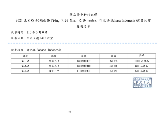 【競賽】🎉2021東南亞語朗讀比賽—獲獎名單圖片