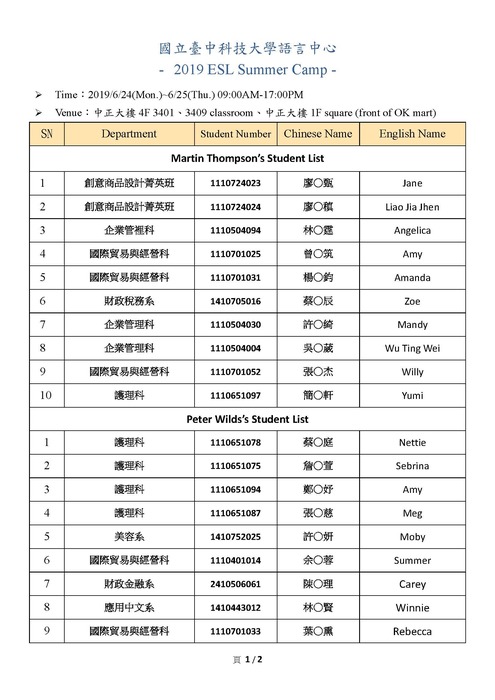 2019 English Summer Camp 老師分配名單表圖片