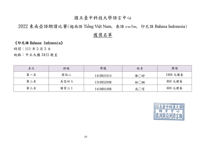 【競賽】🏆️2022東南亞語朗讀比賽—獲獎名單圖片