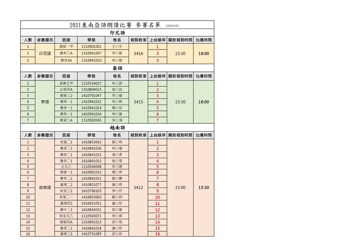 【競賽】2021東南亞語朗讀比賽—參賽名單(含上台順序)圖片