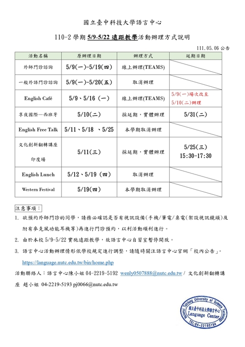 110-2學期 5/9-5/22遠距教學活動辦理方式圖片